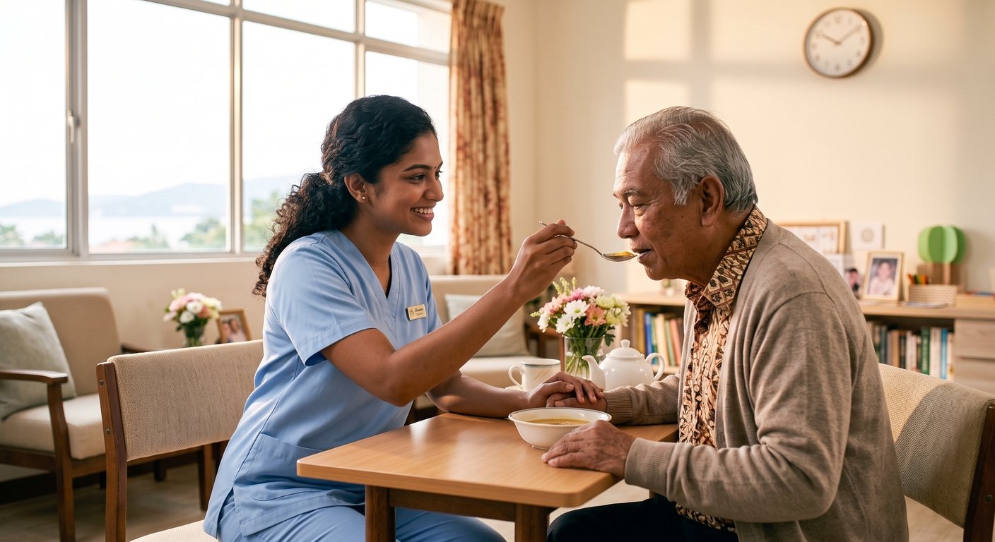 A care professional supporting an older resident during a meal